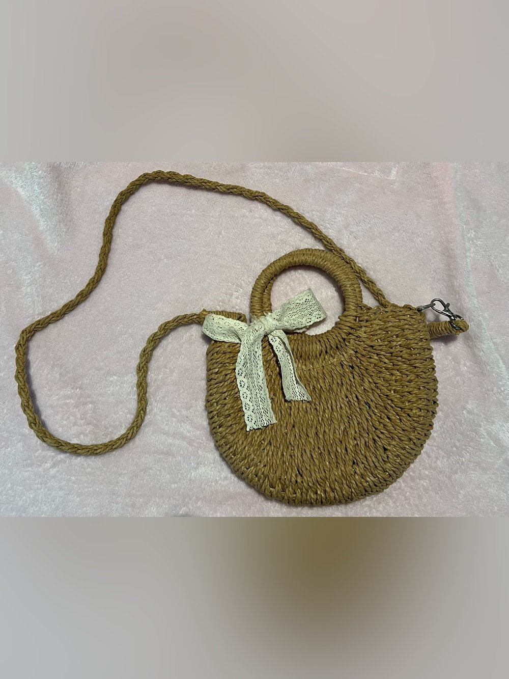 Woven Straw Round Crossbody Bag with Lace Bow - Natural